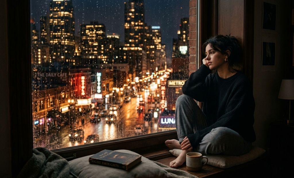 A person sitting alone at night looking out the window, feeling lost and reflective