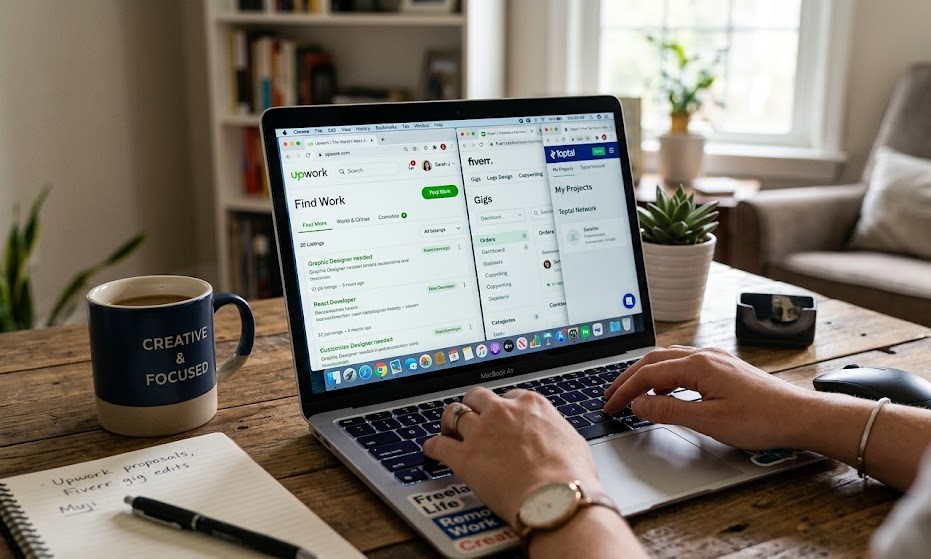 laptop screen showing freelancing websites for people looking to earn money online