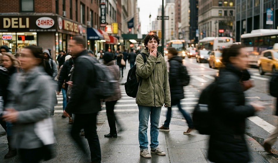 Young adult feeling lost and overwhelmed in their 20s surrounded by a busy city crowd
