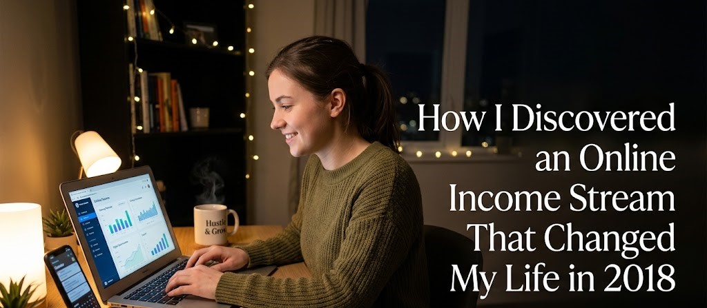 Person discovering an online income opportunity while working on a laptop.