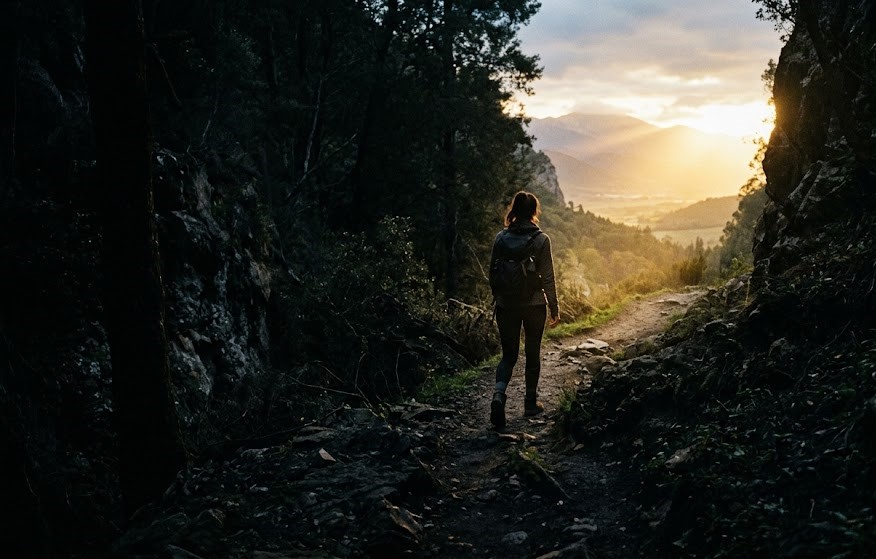Person walking from darkness into light symbolizing overcoming struggles and achieving success