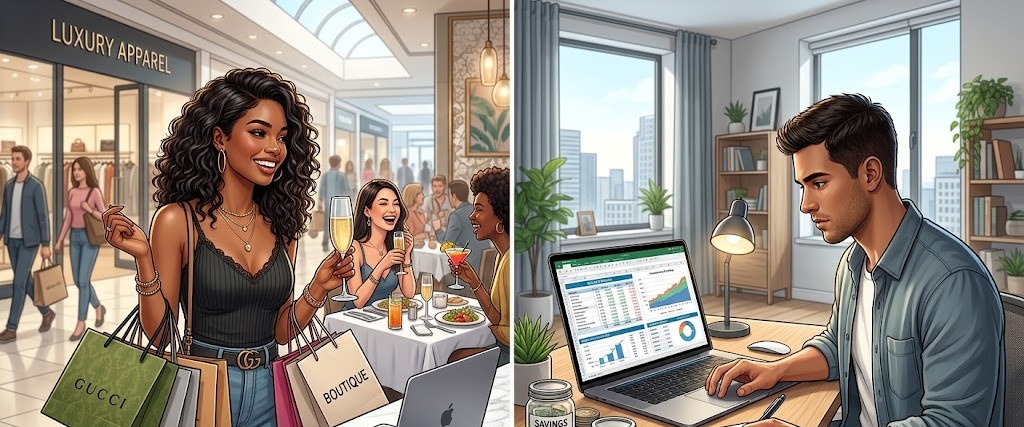 Comparison between overspending and smart money management.