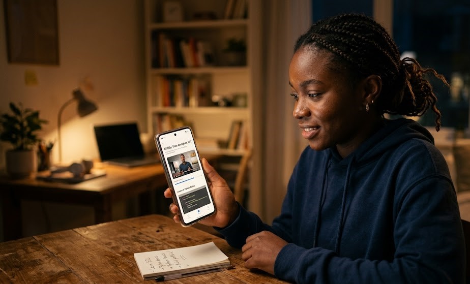 Young person using smartphone to learn skills and search for opportunities online