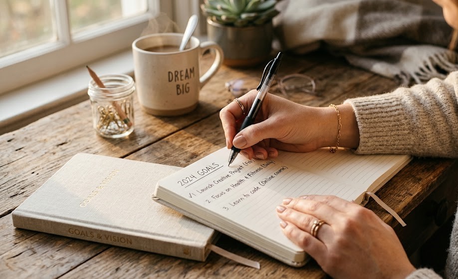 A person writing goals in a notebook showing focus and self-improvement