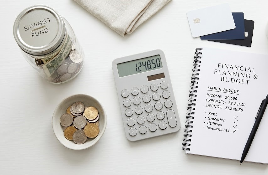 Budgeting tools like calculator and coins representing money management and financial success