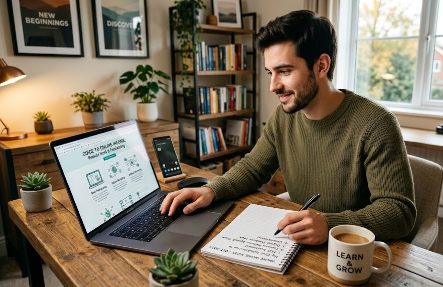 Beginner learning about online income opportunities on a laptop.