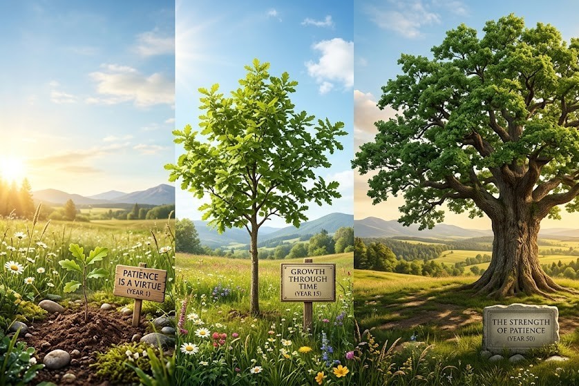 Plant growing into a tree symbolizing patience and long-term success which is one the guide to simple rules for success