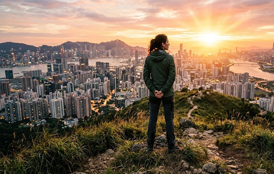 Person celebrating success on a mountain peak symbolizing achievement and victory