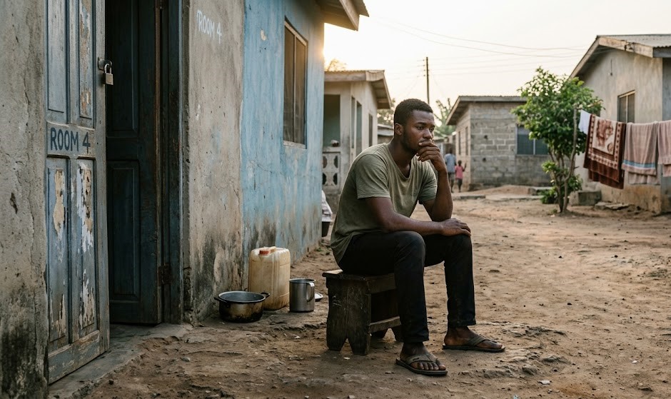 Young man sitting outside his room in the morning thinking about financial struggles and life challenges