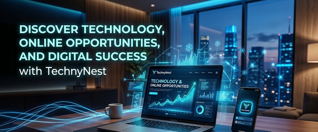 modern workspace with a laptop, smartphone, notebook, and glowing digital elements. Clean professional design, futuristic blue lighting, realistic photography style, high quality, website header image
