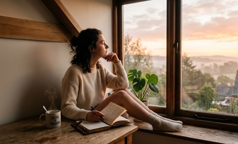 Young adult reflecting alone by a window at sunrise thinking about life lessons in their 20s