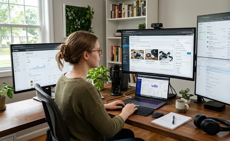 Person building multiple streams of income from home.