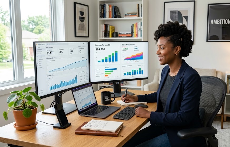 Entrepreneur working from a modern home office while managing an online business and tracking business growth.