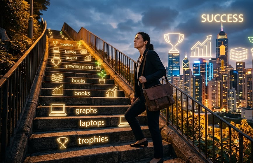 Entrepreneur climbing steps toward business success, symbolizing growth, persistence, and achieving long-term goals.