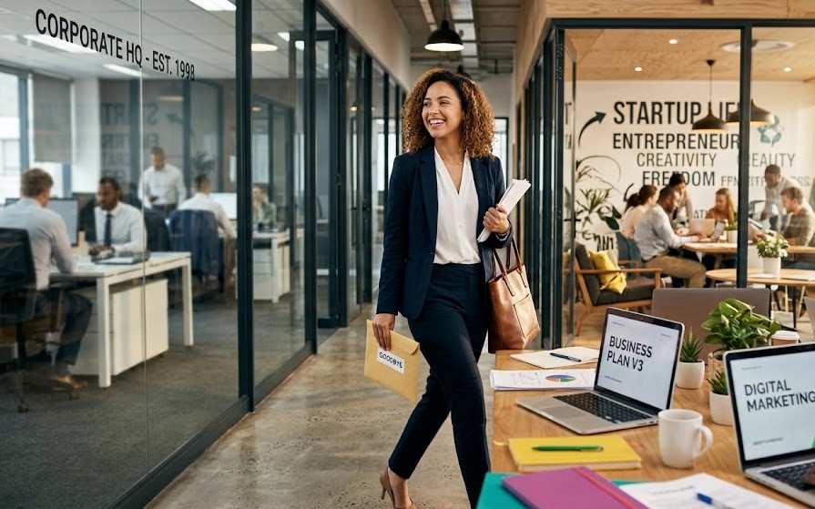 Professional leaving a corporate office to begin an entrepreneurial journey toward financial independence.