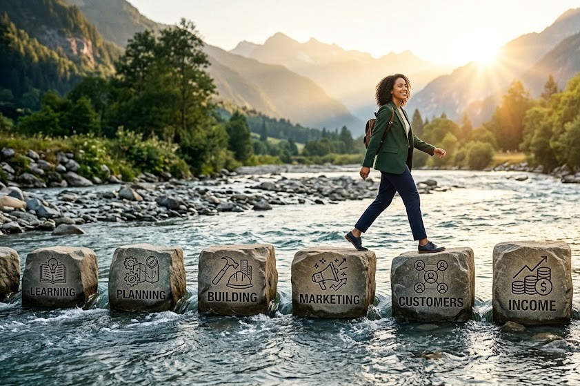 Stepping stones representing the journey from learning new skills to building a successful business.