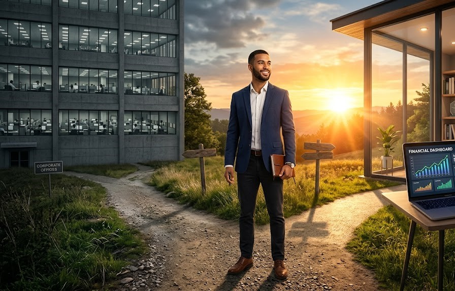 Entrepreneur standing at a crossroads choosing between a traditional office job and building a successful online business.