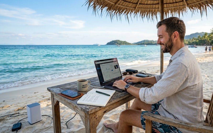 Digital entrepreneur working remotely from a beach with a laptop, representing location independence and flexible work as a motivation to work for yourself