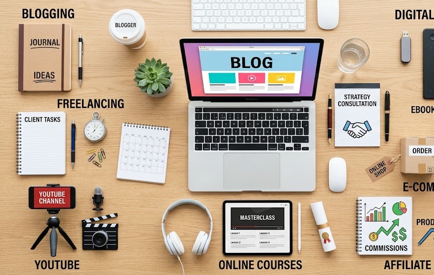 Laptop surrounded by icons representing blogging, freelancing, affiliate marketing, e-commerce, online courses, and digital products.