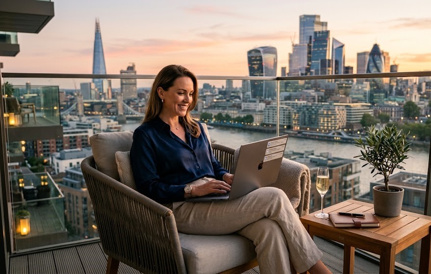 Successful business owner working remotely with a laptop while enjoying financial freedom and a flexible lifestyle.