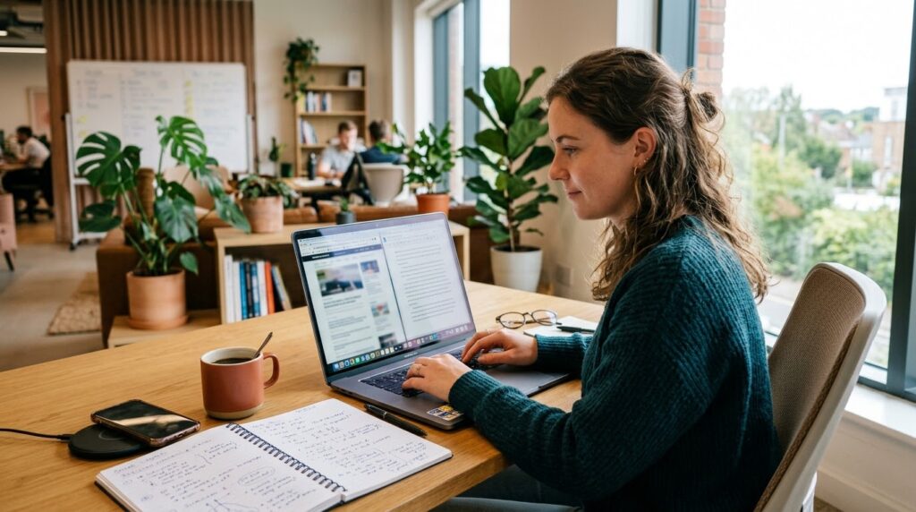 Content writer creating an article on a laptop