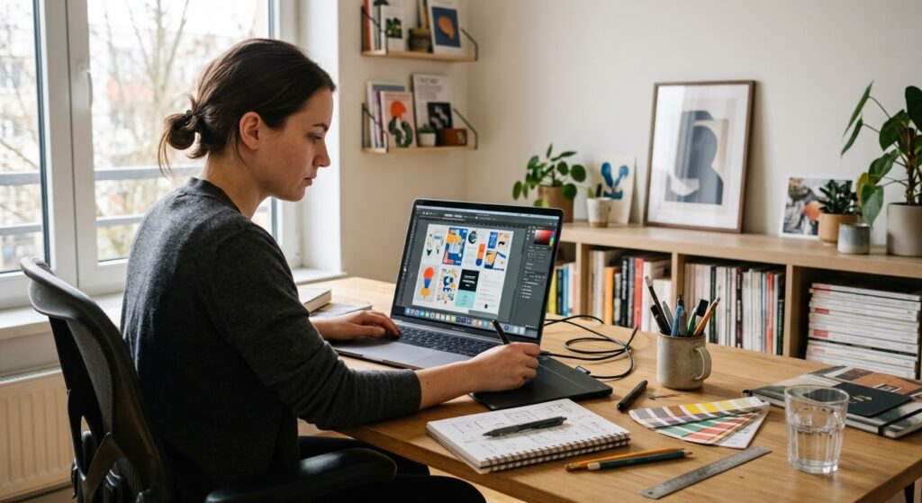 Graphic designer creating digital artwork on a laptop