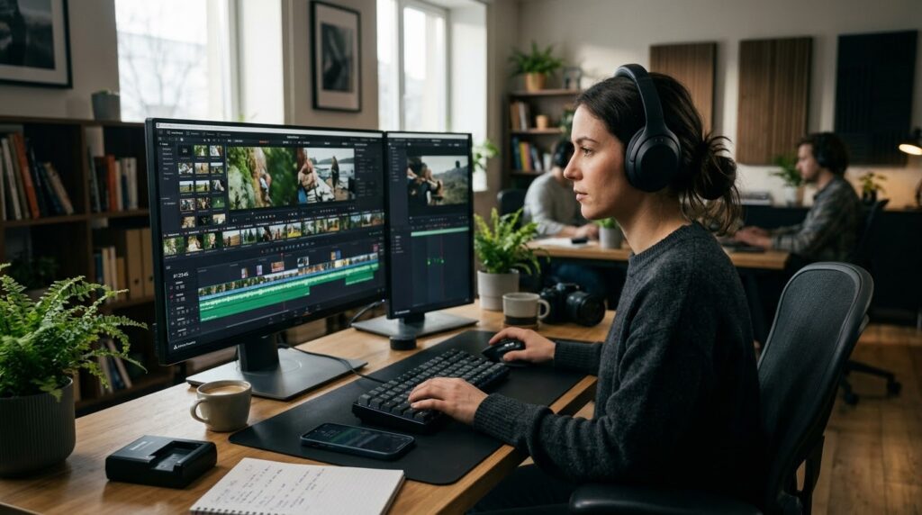 Video editor working on a digital video project